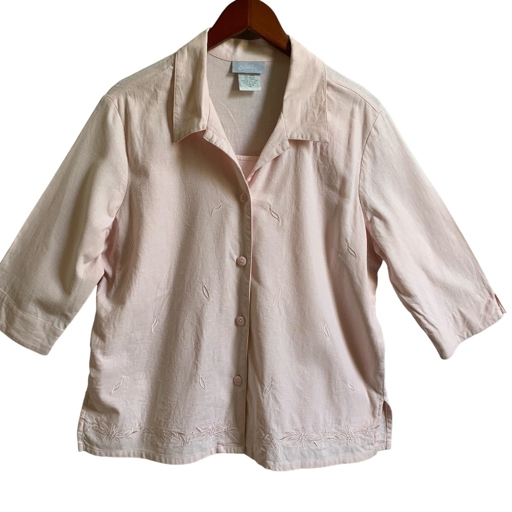 Vintage Blair Linen Blend Shirt Women's LARGE Pink Embroidered Short Sleeve